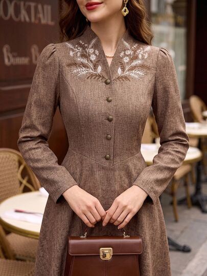 Vintamour Vintage Elegant Women's Long Dress Pockets Floral Embroidery Casual Commute Holiday Festival Party Brown Floral Autumn Fall Clothes Winter Work Outfit