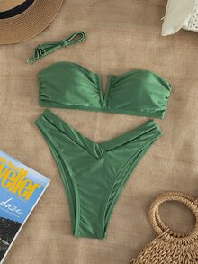 SHEIN Swim 女款深綠色兩件式比基尼套裝，夏季休閒海灘度假，純色亮面平口V鋼圈上衣與高衩性感三角褲，亮面緞面質感 - 綠色 - 查看 4