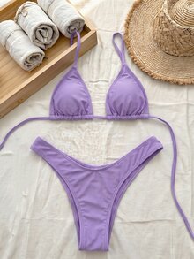 Swim Vcay 女款夏季海灘純色掛脖綁帶性感比基尼三角褲兩件式泳衣套裝 - 紫色 - 查看 6