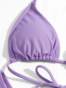 Swim Vcay 女款夏季海灘純色掛脖綁帶性感比基尼三角褲兩件式泳衣套裝 - 紫色 - 查看 7