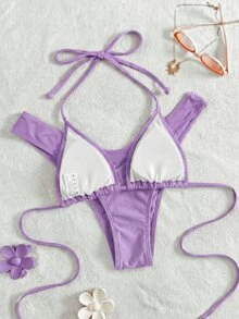 Swim Vcay 女款夏季海灘純色掛脖綁帶性感比基尼三角褲兩件式泳衣套裝 - 紫色 - 查看 5