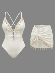 Bikini de dos piezas para mujer Swim Oasis-D de color liso con tirantes finos y decoración de cadena de concha en la parte delantera - Beis - Ver 1