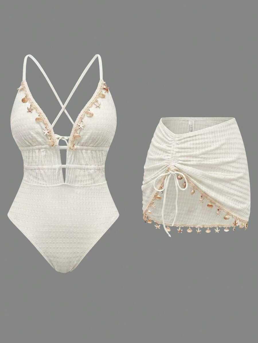 Bikini de dos piezas para mujer Swim Oasis-D de color liso con tirantes finos y decoración de cadena de concha en la parte delantera - Beis - Ver 1