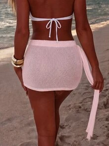 SHEIN Swim 跨境新款素色單件針織優雅度假風女款裙 - 粉色 - 查看 3