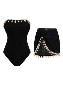 Bonvoyette Traje de baño de una pieza para mujer con decoración de conchas y estrellas de mar para playa de verano - Negro - Ver 3