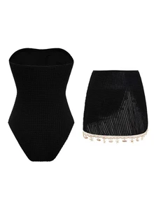 Bonvoyette Traje de baño de una pieza para mujer con decoración de conchas y estrellas de mar para playa de verano - Negro - Ver 2