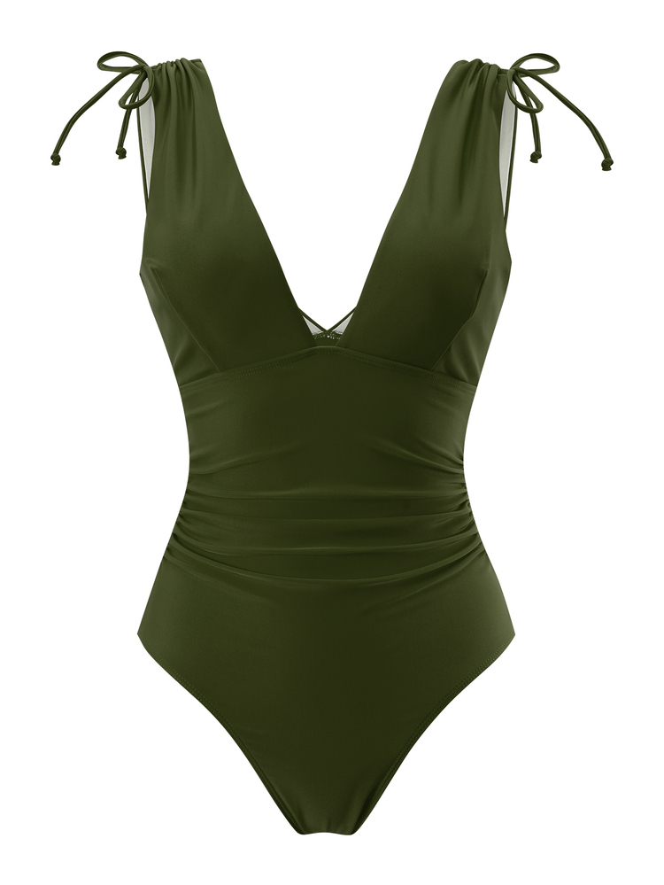 Swim Vcay Bikini de una pieza para mujer con cordón, escote en V profundo y sin aros - Verde militar - Añade 6