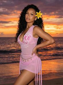 Vaytide New 4pcs Women's Swimwear Set, Printed Pink Bikini - Pink - View 4