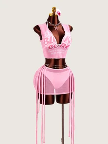 Vaytide New 4pcs Women's Swimwear Set, Printed Pink Bikini - Pink - View 7