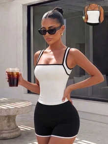 Pariaura Women's Fashion Striped Colorblock Sexy Sports Tank Top For Vacation - White - View 5