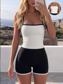 Pariaura Women's Fashion Striped Colorblock Sexy Sports Tank Top For Vacation - White - View 2