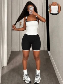 Pariaura Women's Fashion Striped Colorblock Sexy Sports Tank Top For Vacation - White - View 6