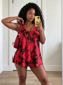 SHEIN Core Rhythm Atasan Tank Top Olahraga Wanita Ukuran Plus Motif Cetak Satu Potong Tali Tebal Alternatif Tropis Merah untuk Gym Musim Panas - MultiWarna - View 3
