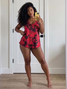 SHEIN Core Rhythm Atasan Tank Top Olahraga Wanita Ukuran Plus Motif Cetak Satu Potong Tali Tebal Alternatif Tropis Merah untuk Gym Musim Panas - MultiWarna - View 5