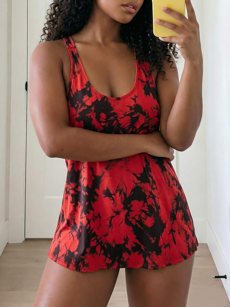 SHEIN Core Rhythm Atasan Tank Top Olahraga Wanita Ukuran Plus Motif Cetak Satu Potong Tali Tebal Alternatif Tropis Merah untuk Gym Musim Panas - MultiWarna - View 1