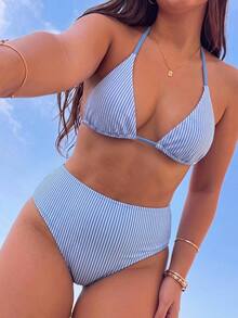 SHEIN Swim Women's Plus Size 2pcs Blue And White Textured Fabric Halter Backless Triangle Bikini Set For Vacation Beach Party Summer Sexy Tropical Leisure Modest - Multicolor - View 7