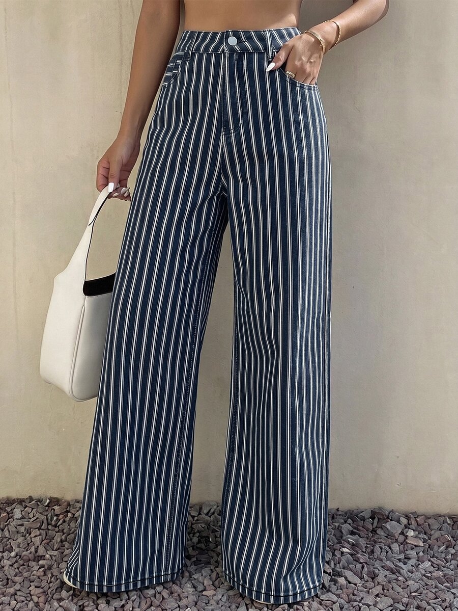 Livesso Women's Loose Business Casual Fashion Office Wear Striped Straight Leg Wide Leg Jeans, Spring/Summer - Dark Wash - View 1