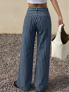 Livesso Women's Loose Business Casual Fashion Office Wear Striped Straight Leg Wide Leg Jeans, Spring/Summer - Dark Wash - View 5