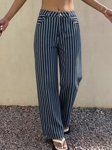 Livesso Women's Loose Business Casual Fashion Office Wear Striped Straight Leg Wide Leg Jeans, Spring/Summer - Dark Wash - View 4