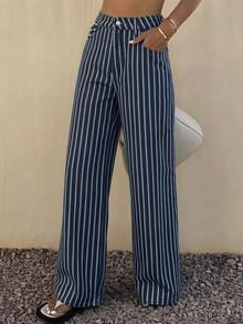 Livesso Women's Loose Business Casual Fashion Office Wear Striped Straight Leg Wide Leg Jeans, Spring/Summer - Dark Wash - View 3