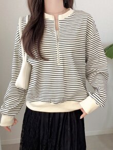 FRIFUL Women's Wavy Ruffle Trim Striped Loose Colorblock Short Sleeve T-Shirt, Summer Casual Top - Black and White - View 7