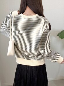 FRIFUL Women's Wavy Ruffle Trim Striped Loose Colorblock Short Sleeve T-Shirt, Summer Casual Top - Black and White - View 4