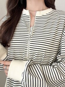 FRIFUL Women's Wavy Ruffle Trim Striped Loose Colorblock Short Sleeve T-Shirt, Summer Casual Top - Black and White - View 3