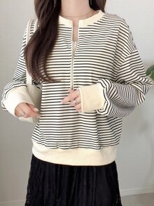 FRIFUL Women's Wavy Ruffle Trim Striped Loose Colorblock Short Sleeve T-Shirt, Summer Casual Top - Black and White - View 6