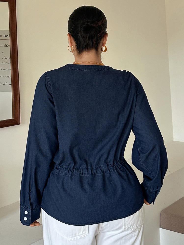 Dazy Plus Loose Round Neck Long Sleeve Drawstring Ruffled Elegant Vintage Blouse Spring Autumn Winter Denim Top - Dark Wash - View 6