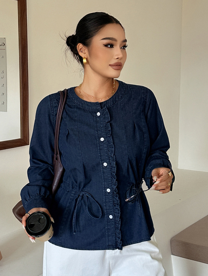 Dazy Plus Blus Denim Elegan Vintage Lengan Panjang Leher Bulat Longgar dengan Tali Serut dan Hiasan Ruffle untuk Musim Semi, Gugur, dan Musim Dingin