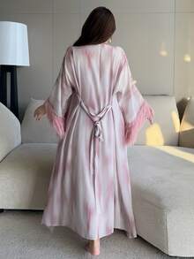 Dazy Plus Asymmetrical Print Long Camisole Dress With Sexy Patchwork Furry Cuffs, Elegant Spring/Autumn Sleepwear Set - Pink - View 2