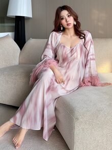 Dazy Plus Asymmetrical Print Long Camisole Dress With Sexy Patchwork Furry Cuffs, Elegant Spring/Autumn Sleepwear Set - Pink - View 4