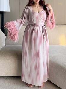 Dazy Plus Asymmetrical Print Long Camisole Dress With Sexy Patchwork Furry Cuffs, Elegant Spring/Autumn Sleepwear Set - Pink - View 9