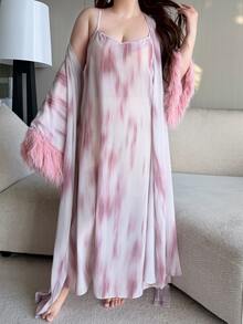 Dazy Plus Asymmetrical Print Long Camisole Dress With Sexy Patchwork Furry Cuffs, Elegant Spring/Autumn Sleepwear Set - Pink - View 6