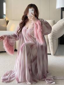 Dazy Plus Asymmetrical Print Long Camisole Dress With Sexy Patchwork Furry Cuffs, Elegant Spring/Autumn Sleepwear Set - Pink - View 1