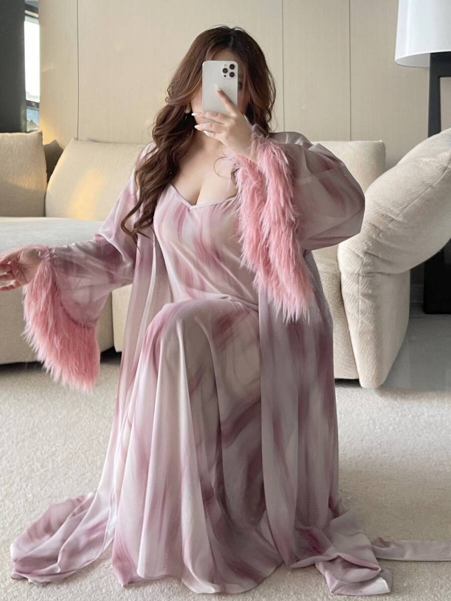 Dazy Plus Asymmetrical Print Long Camisole Dress With Sexy Patchwork Furry Cuffs, Elegant Spring/Autumn Sleepwear Set - Pink - View 1