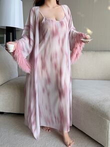 Dazy Plus Asymmetrical Print Long Camisole Dress With Sexy Patchwork Furry Cuffs, Elegant Spring/Autumn Sleepwear Set - Pink - View 7