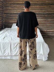 Dazy Plus Solid Color Loose Short Sleeve Top & Patterned Long Pants Spring Summer Loungewear Pajama Set - Black - View 2