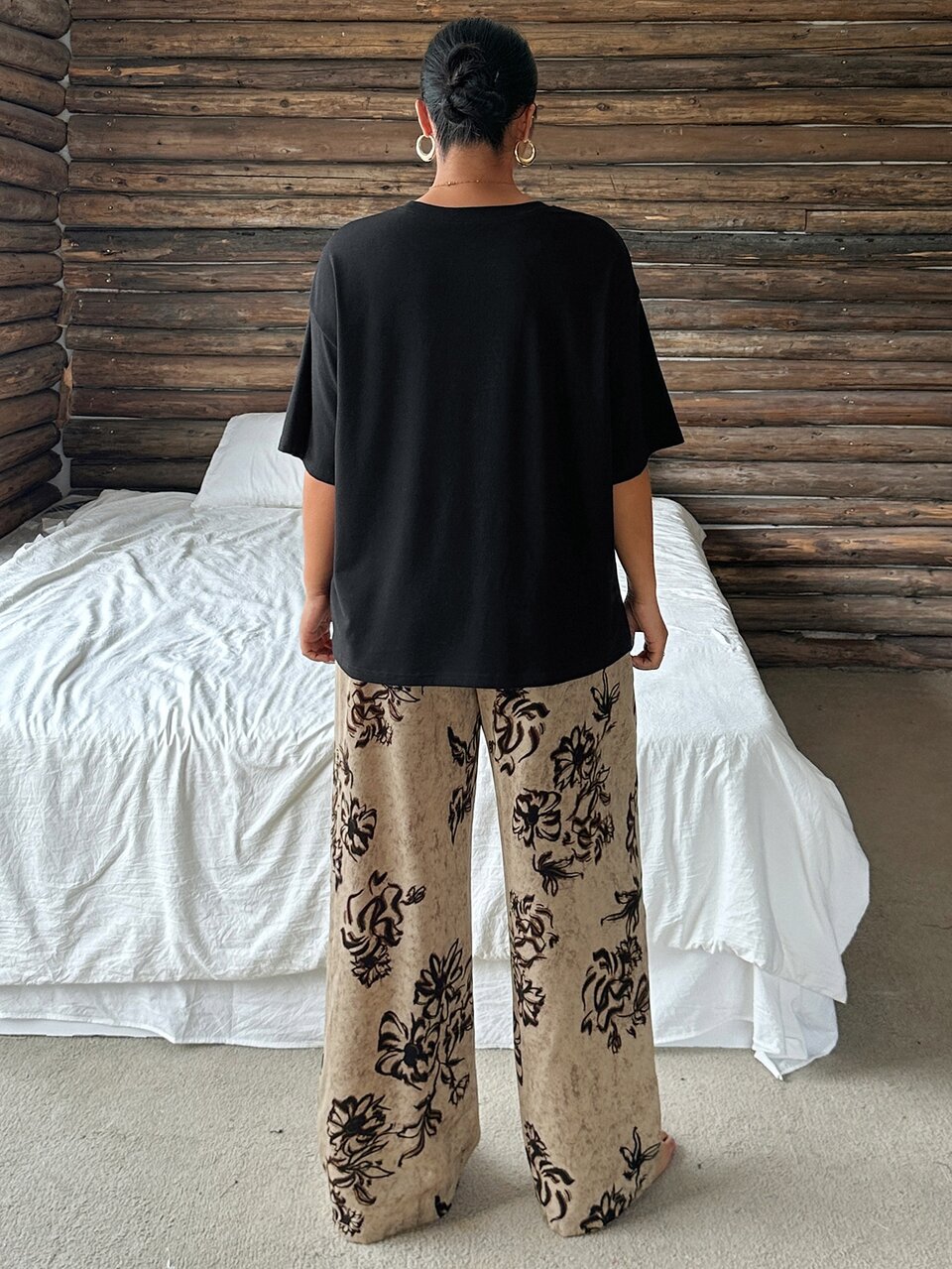 Dazy Plus Solid Color Loose Short Sleeve Top & Patterned Long Pants Spring Summer Loungewear Pajama Set
