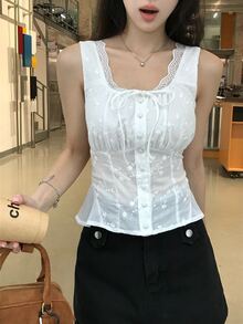DAZY 女款荷葉邊飾休閒無袖韓風度假襯衫 - 白色 - 查看 7