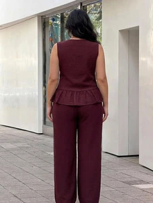 Dazy Plus Fun Commute 女款純色無袖上衣與寬鬆寬腿長褲兩件套居家休閒套裝，酒紅色，適合春夏秋 - 玫瑰紅 - 查看 2