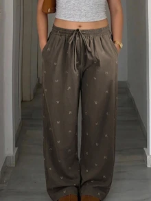 Dazy Plus Elastic Waist Bow Print All-Over Floral Cute Loose Home Wear Spring Autumn Pajama Bottoms - Khaki - View 4