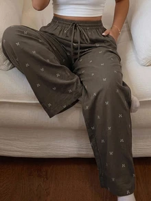 Dazy Plus Elastic Waist Bow Print All-Over Floral Cute Loose Home Wear Spring Autumn Pajama Bottoms - Khaki - View 1