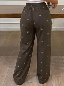 Dazy Plus Elastic Waist Bow Print All-Over Floral Cute Loose Home Wear Spring Autumn Pajama Bottoms - Khaki - View 5