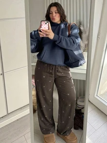 Dazy Plus Elastic Waist Bow Print All-Over Floral Cute Loose Home Wear Spring Autumn Pajama Bottoms - Khaki - View 6