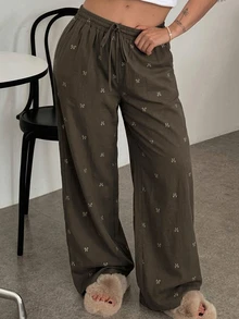 Dazy Plus Elastic Waist Bow Print All-Over Floral Cute Loose Home Wear Spring Autumn Pajama Bottoms - Khaki - View 3