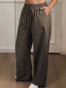 Dazy Plus Elastic Waist Bow Print All-Over Floral Cute Loose Home Wear Spring Autumn Pajama Bottoms - Khaki - View 2