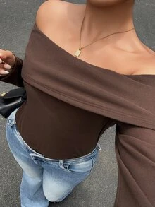 Dazy Plus Kaos Polos Kasual Bahu Terbuka Elegan Lengan Panjang Cokelat untuk Musim Semi, Musim Panas, dan Musim Gugur - Coklat - View 8