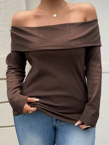 Dazy Plus Kaos Polos Kasual Bahu Terbuka Elegan Lengan Panjang Cokelat untuk Musim Semi, Musim Panas, dan Musim Gugur - Coklat - View 7