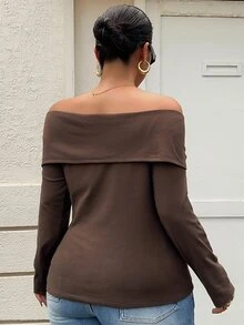 Dazy Plus Kaos Polos Kasual Bahu Terbuka Elegan Lengan Panjang Cokelat untuk Musim Semi, Musim Panas, dan Musim Gugur - Coklat - View 2